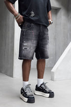 Black Island Washed Paint Detail Denim Shorts
