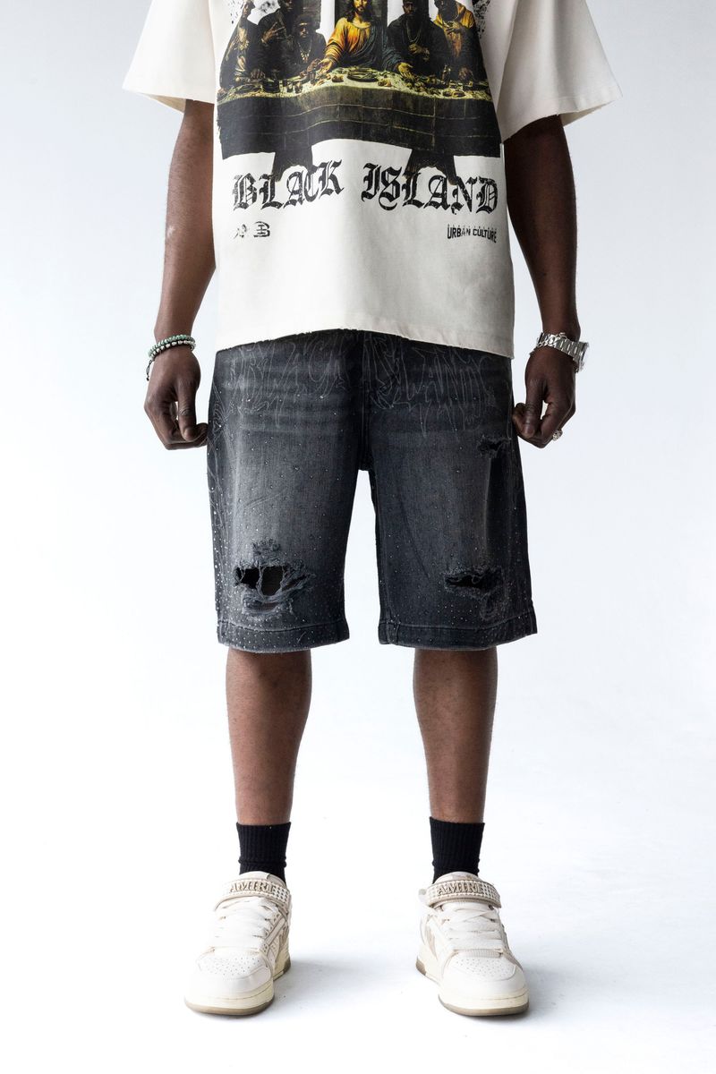 Black Island Distressed Washed Denim Shorts