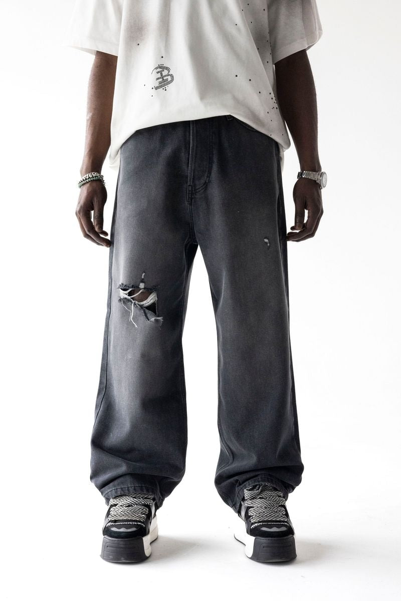 Black Island Washed Black Distressed Baggy Denim