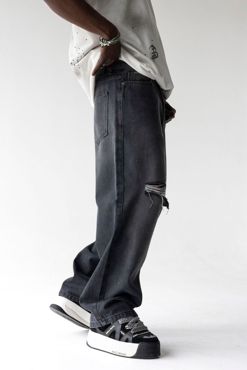 Black Island Washed Black Distressed Baggy Denim