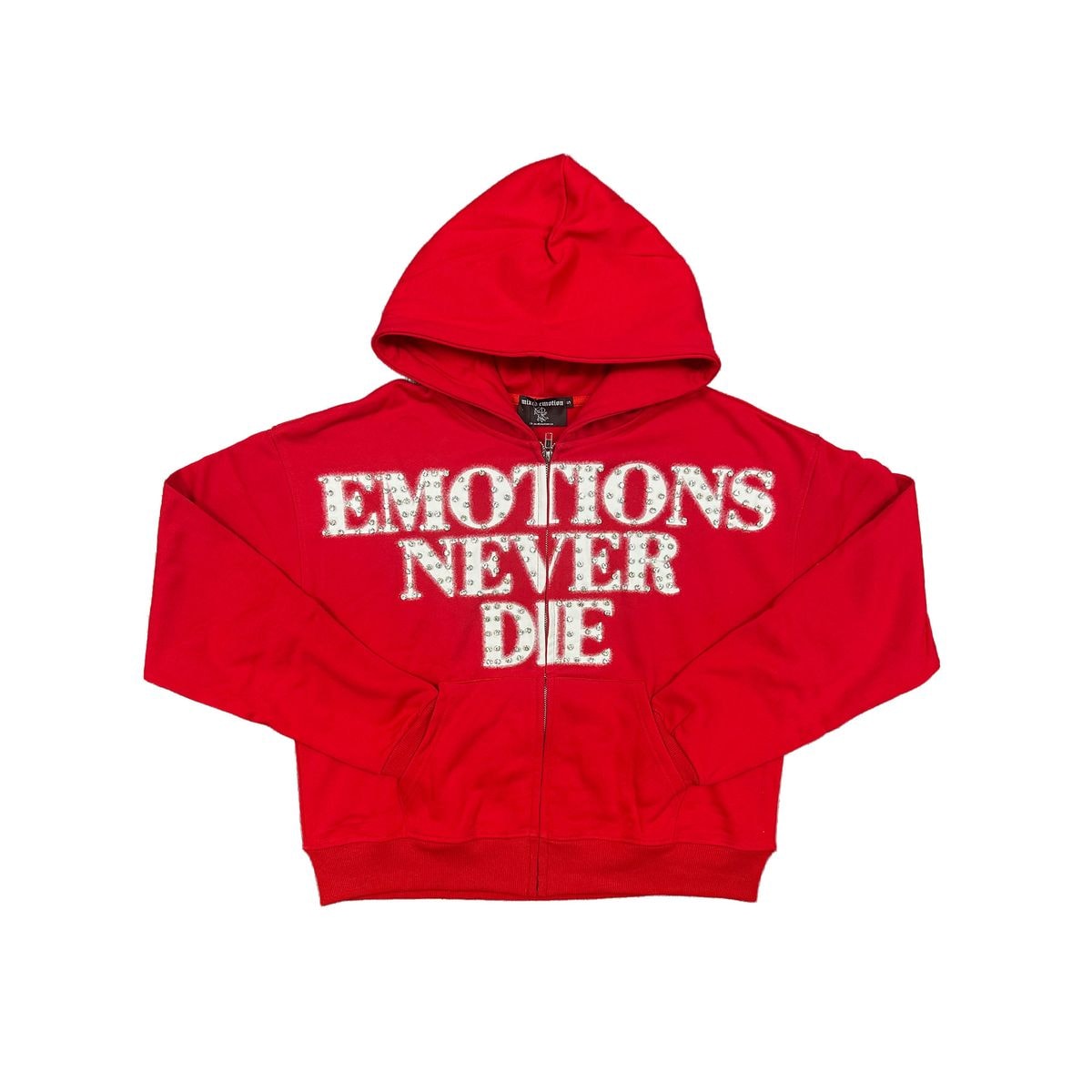 MIXED EMOTIONS Red ‘End’ Rhinestone hoodie