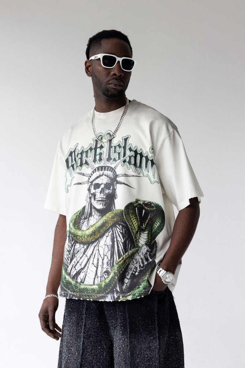 Black Isalnd Statue Snake Graphic Oversized T-Shirt
