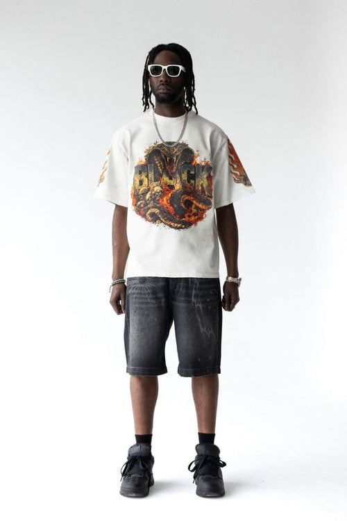 Black Island Oversized Dragon Print White T-Shirt