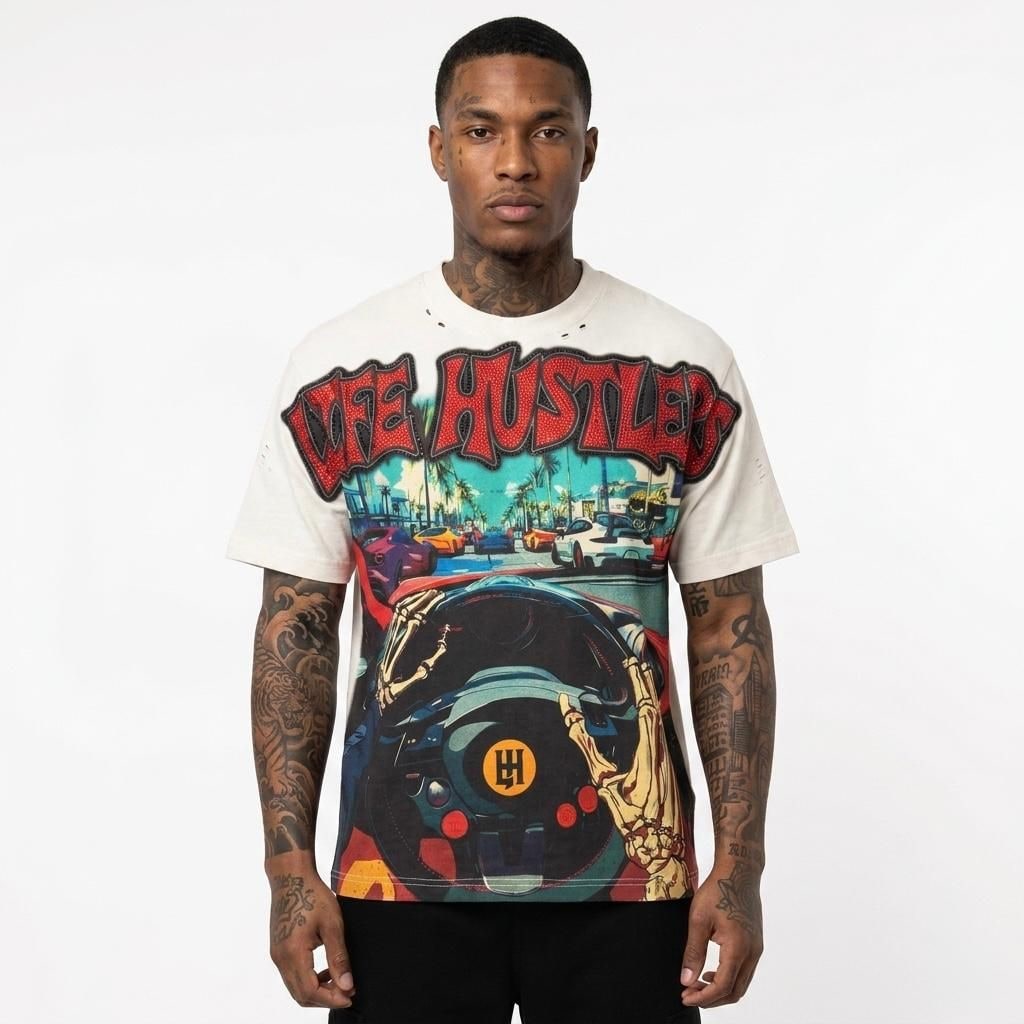 LIFE HUSTLERS SPORTS CAR WHITE T-SHIRT