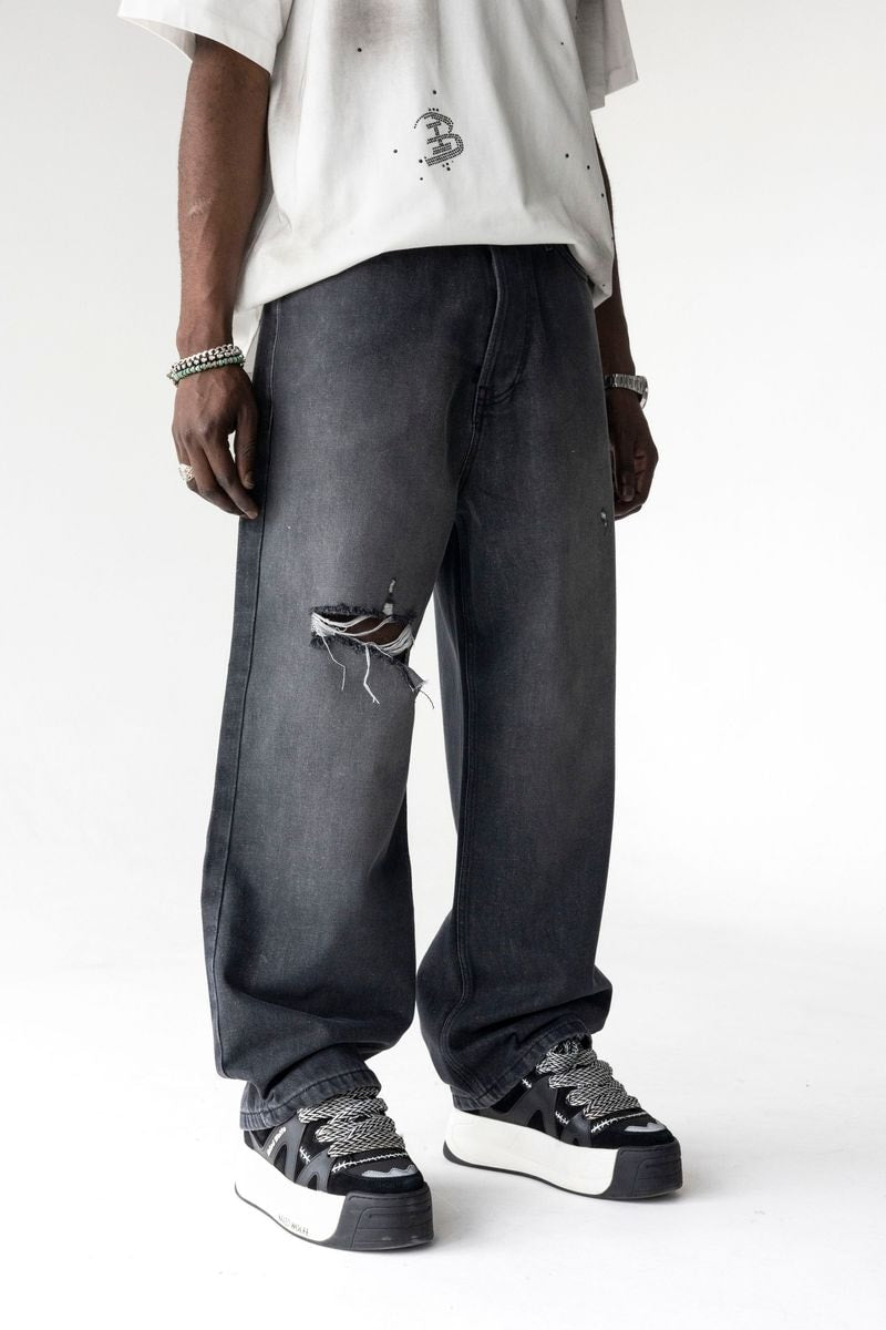 Black Island Washed Black Distressed Baggy Denim