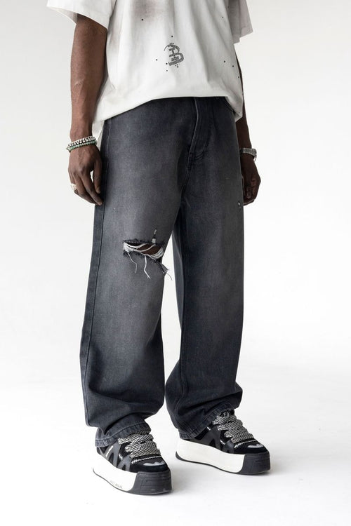 Black Island Washed Black Distressed Baggy Denim