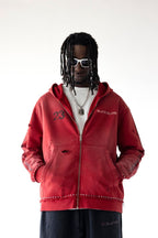 BLACK ISLAND Distressed Red Zip-Up Hoodie 1931