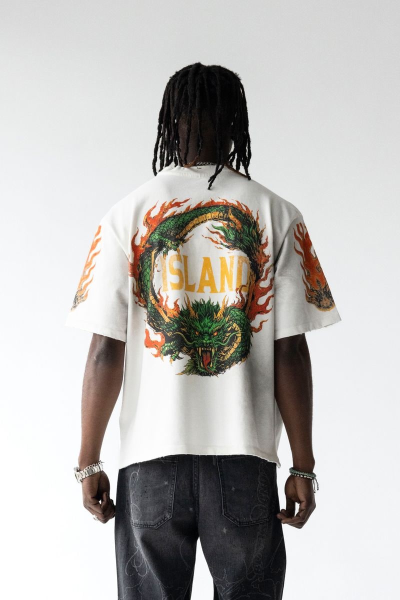 Black Island Oversized Dragon Print White T-Shirt