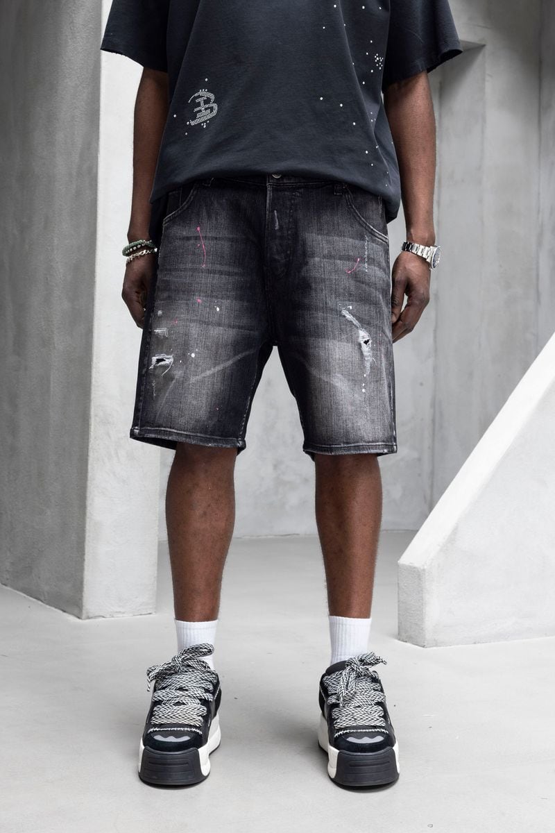 Black Island Washed Paint Detail Denim Shorts