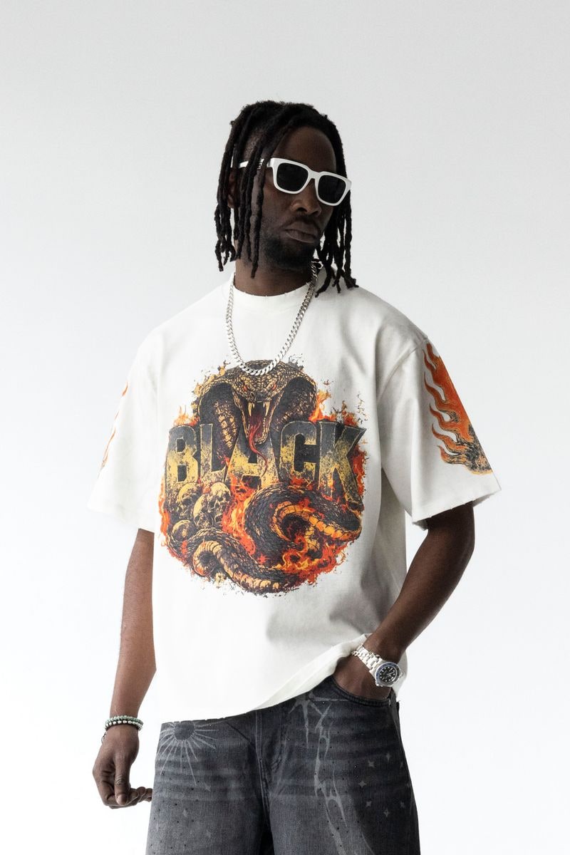 Black Island Oversized Dragon Print White T-Shirt
