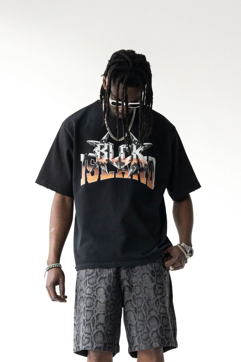 Black Island Oversized Logo Graphic Black T-Shirt